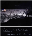 Michael Collins Signed 20 x 16 Photo of the Moon, Capturing Both Neil Armstrong and the United States Flag